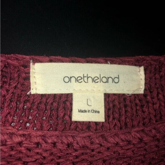 Onetheland Tunic Sweater L Wine Tan Blue Blocks Stripe  Fringe Bottom Knit - Picture 2 of 11
